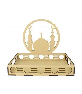 Laser Cut 6mm Ramadan Tray with Temple Design in a Circle Frame and Circle Pattern Sides